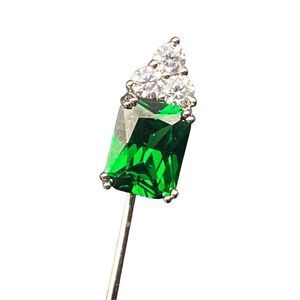 Vintage Emerald green center stone with three round stone silver tone stick pin